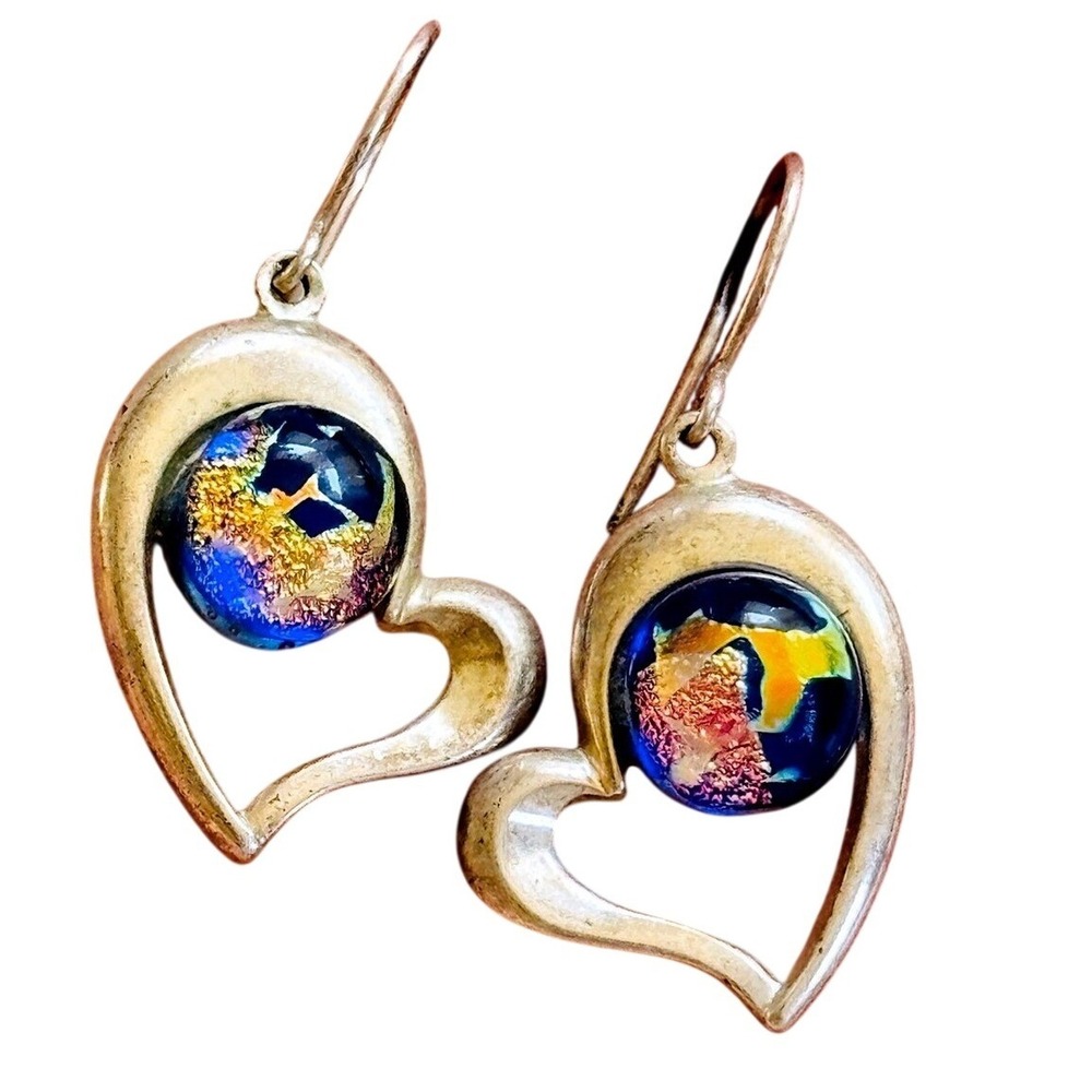VTG Heart Earrings Blue Dichroic Art Glass blue  Dangle Pierced Mod Silver 925